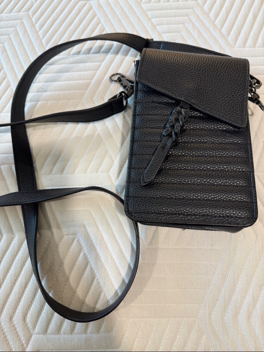 Black Quilted Crossbody Phone Bag with Braided Tab Detail rad rev